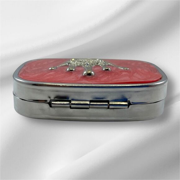Jeweled Crown Pillbox, Compact With Mirror, Pink, Push Button Opening - Picture 7 of 8